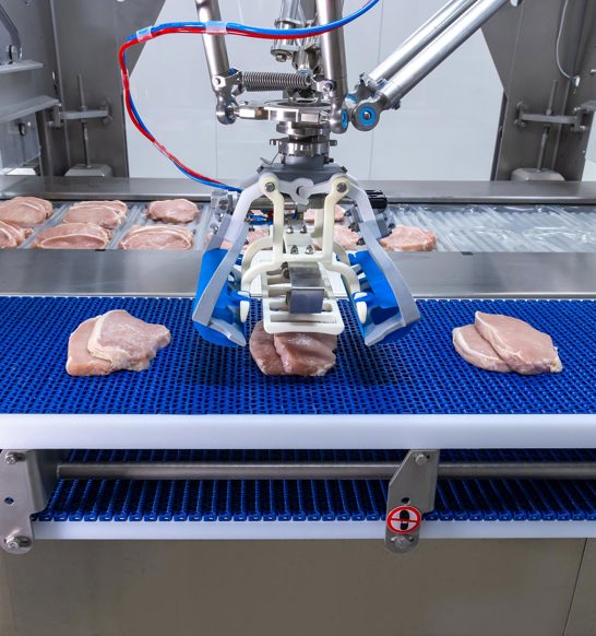 RoboBatcher robotic arm placing a sirloin steak into thermoformer pack with consistent and accurate alignment